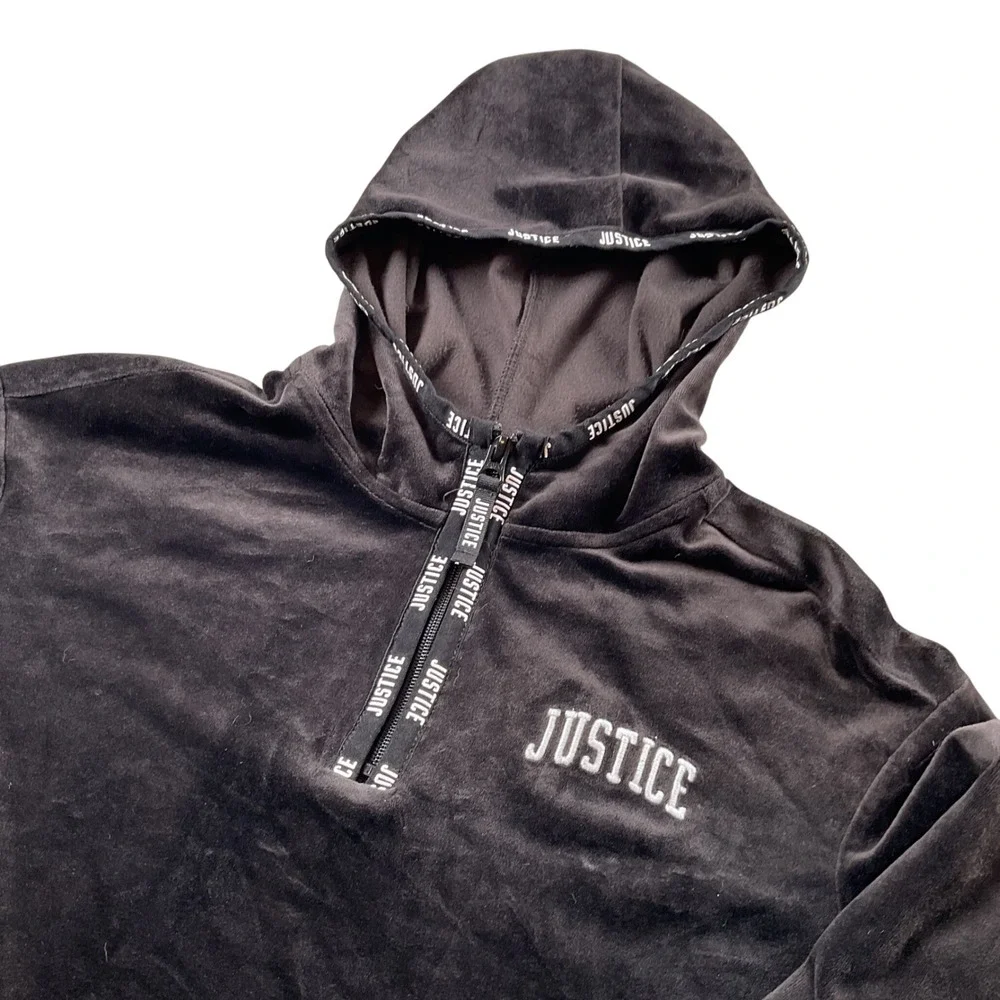 Justice Girls black Velour Hoodie Pullover Sweatshirt‎ Half Zip Size 10